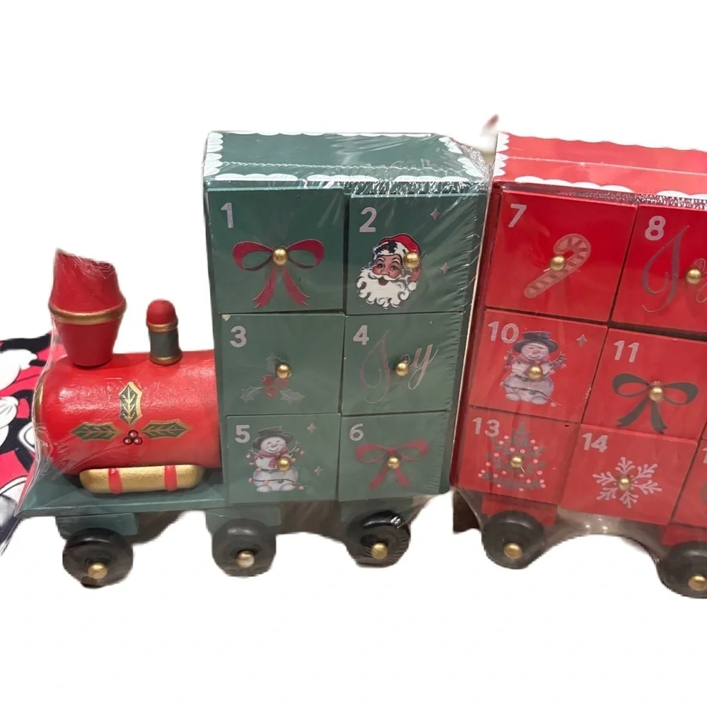 Holiday Time Red Green Train Advent Calendar NEW Wooden Santa Bow